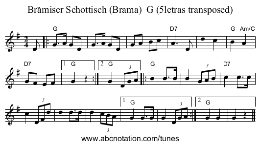Br&auml;miser Schottisch (Brama)  G (5letras transposed) - staff notation