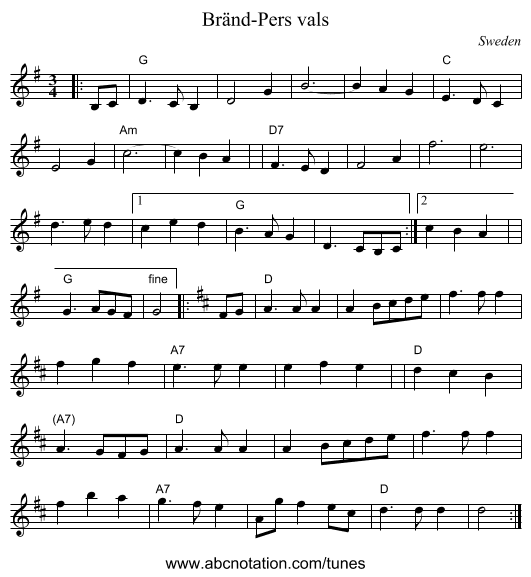Bränd-Pers vals - staff notation