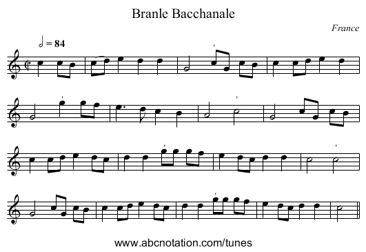 Branle Bacchanale - staff notation