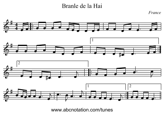 Branle de la Hai - staff notation