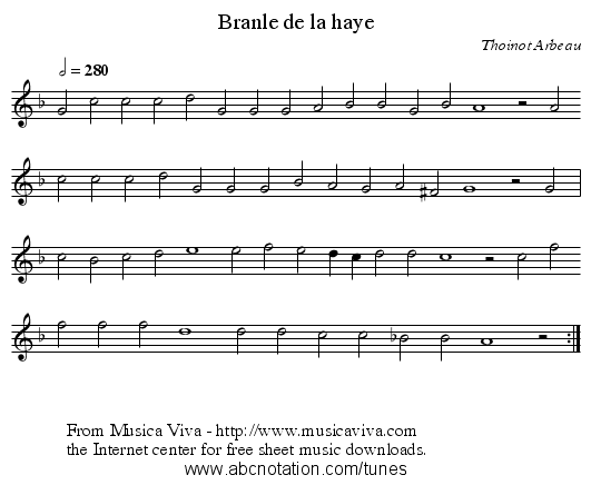 Branle de la haye - staff notation