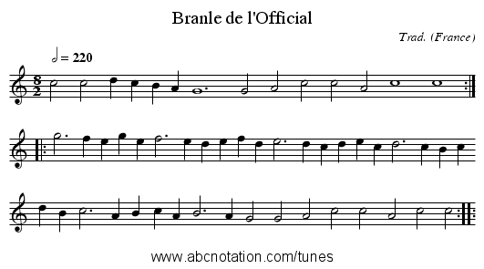 Branle de l'Official - staff notation