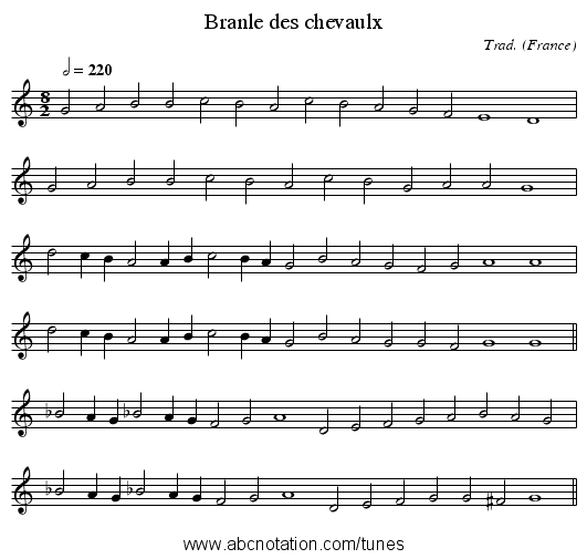 Branle des chevaulx - staff notation