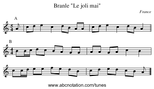 Branle Le joli mai - staff notation
