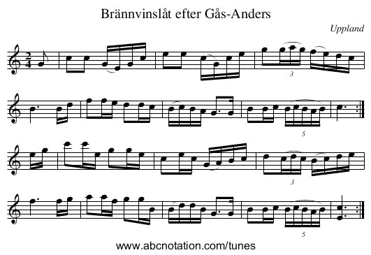 Brännvinslåt efter Gås-Anders - staff notation