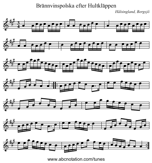 Br&auml;nnvinspolska efter Hultkl&auml;ppen - staff notation