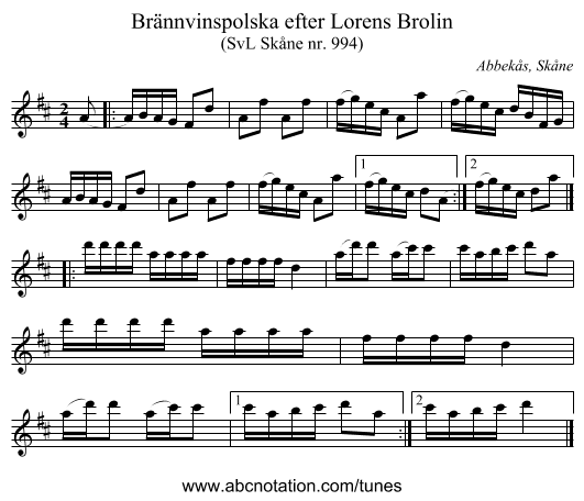Brännvinspolska efter Lorens Brolin - staff notation
