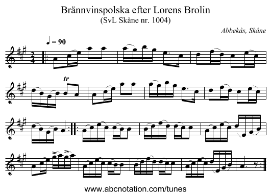 Brännvinspolska efter Lorens Brolin - staff notation