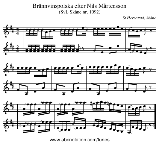 Brännvinspolska efter Nils Mårtensson - staff notation