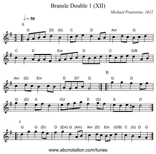 Bransle Double 1 (XII) - staff notation