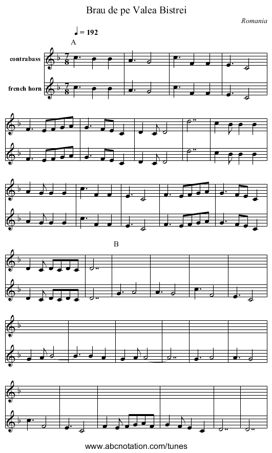 Brau de pe Valea Bistrei - staff notation