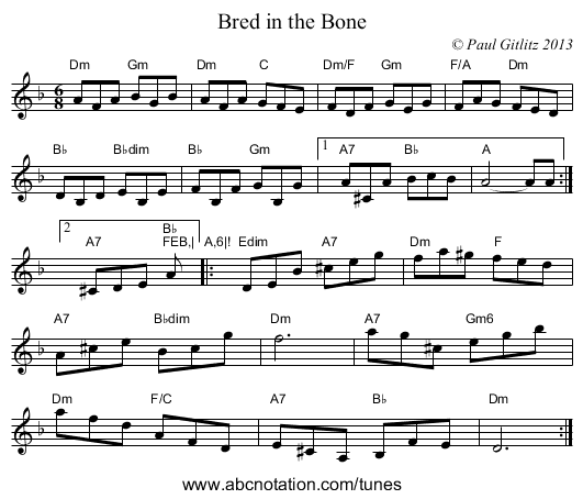 Bred in the Bone - staff notation