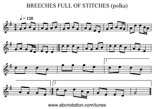 BREECHES FULL OF STITCHES (polka) - staff notation