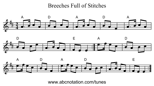 Breeches Full of Stitches - staff notation