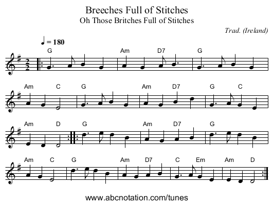 Breeches Full of Stitches - staff notation