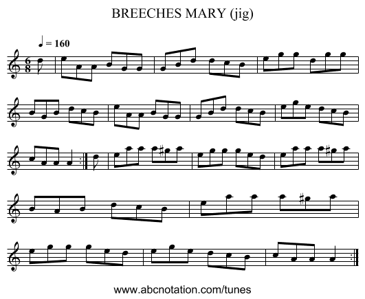 BREECHES MARY (jig) - staff notation
