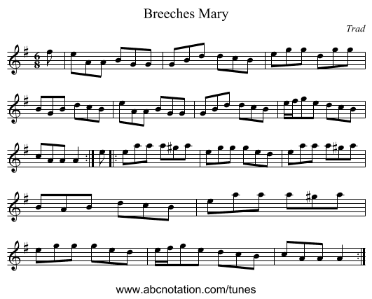 Breeches Mary - staff notation