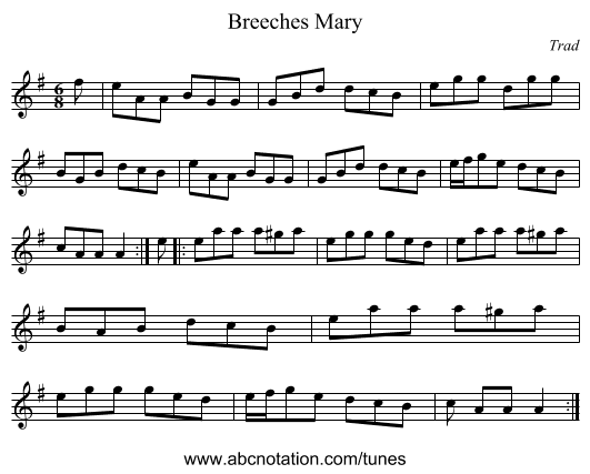 Breeches Mary - staff notation