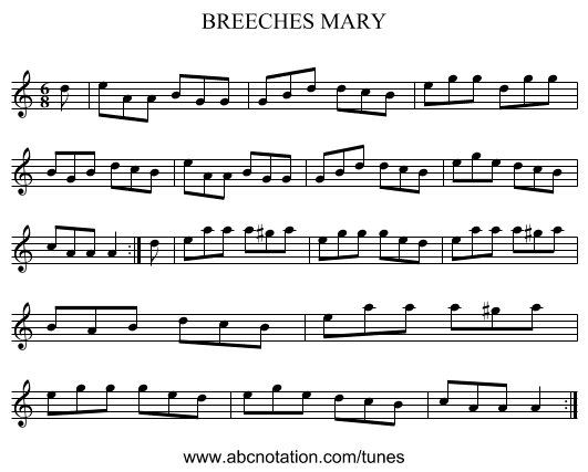 BREECHES MARY - staff notation