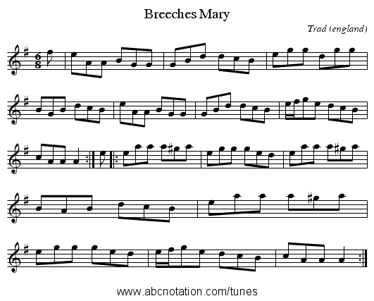 Breeches Mary - staff notation