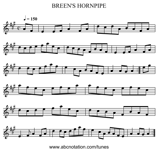 BREEN'S HORNPIPE - staff notation