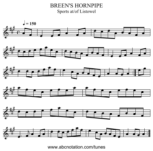BREEN'S HORNPIPE - staff notation