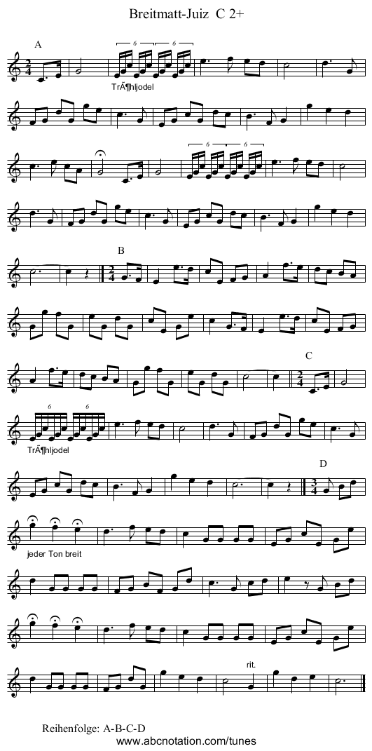 Breitmatt-Juiz  C 2+ - staff notation