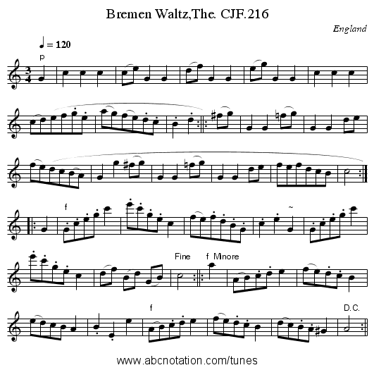 Bremen Waltz,The. CJF.216 - staff notation