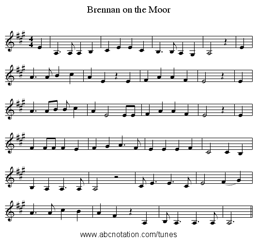 Brennan on the Moor - staff notation