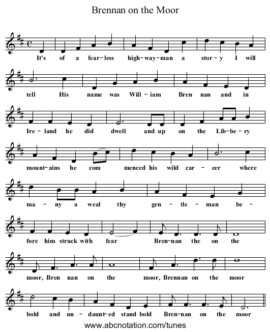 Brennan on the Moor - staff notation
