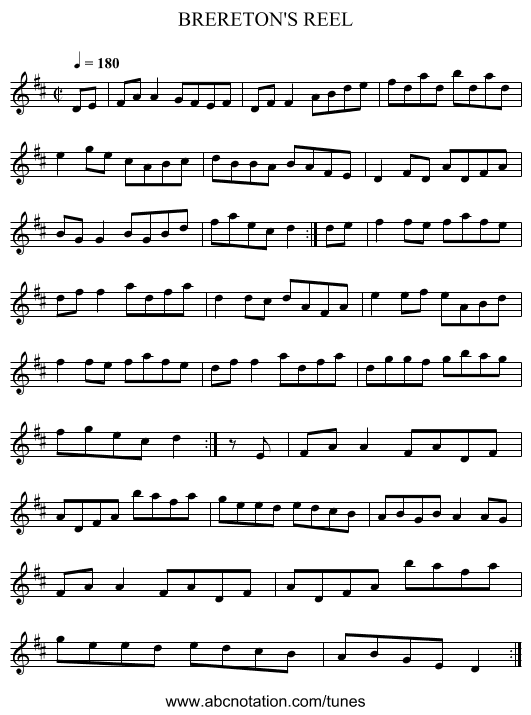 BRERETON'S REEL - staff notation