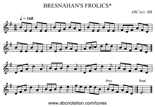 BRESNAHAN'S FROLICS* - staff notation