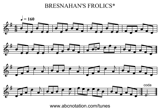 BRESNAHAN'S FROLICS* - staff notation