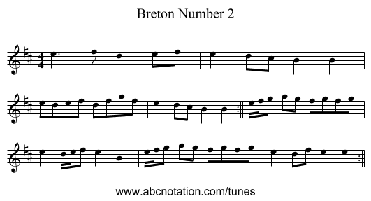 Breton Number 2 - staff notation
