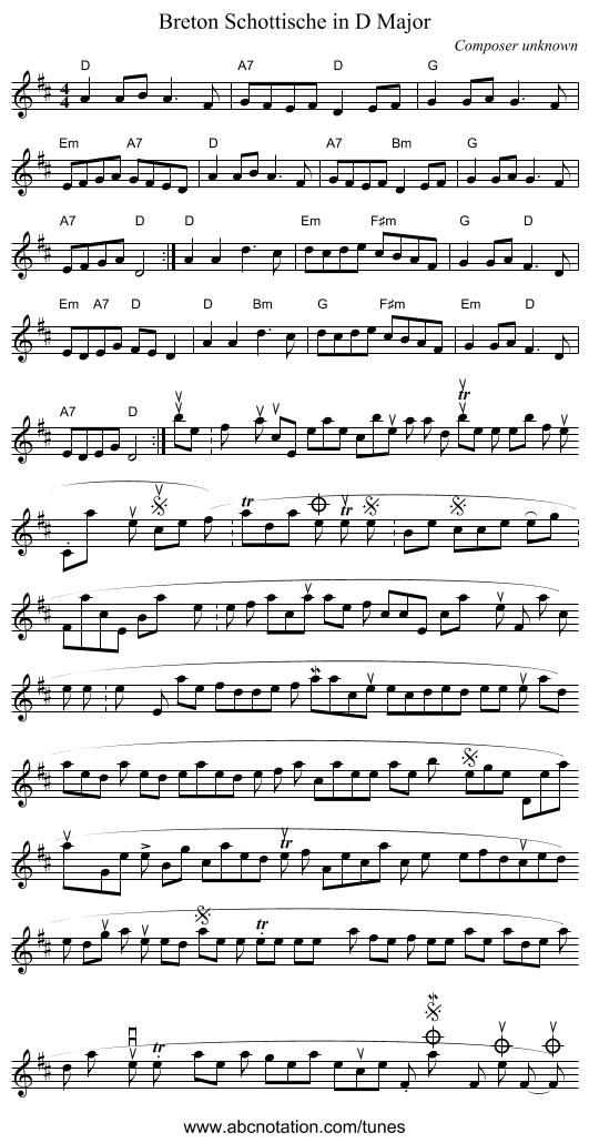 Breton Schottische in D Major - staff notation