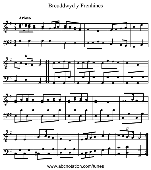 Breuddwyd y Frenhines - staff notation