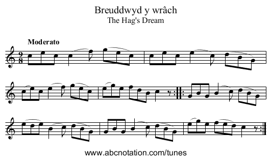 Breuddwyd y wrâch - staff notation