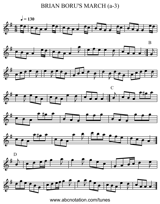 BRIAN BORU'S MARCH (a-3) - staff notation