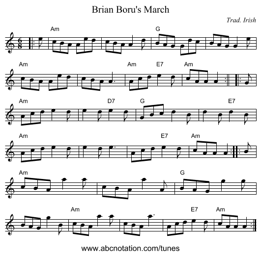 Brian Boru's March - staff notation