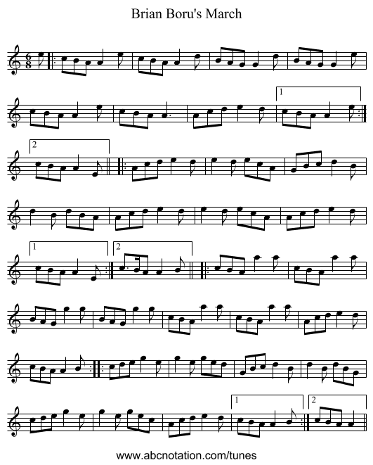 Brian Boru's March - staff notation