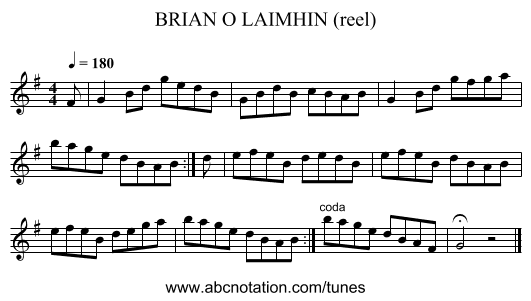 BRIAN O LAIMHIN (reel) - staff notation
