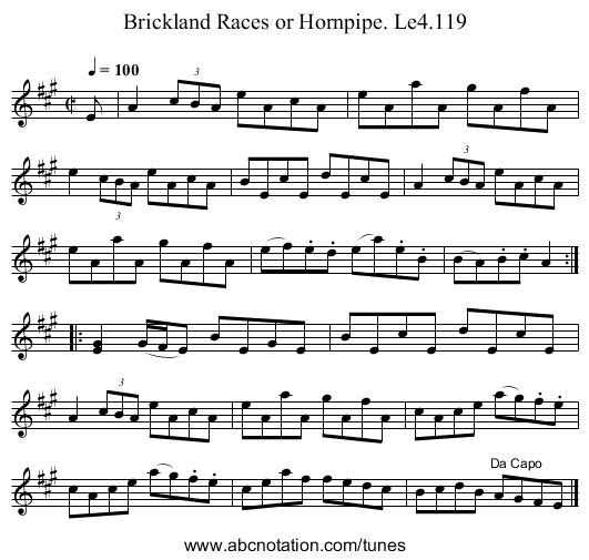 Brickland Races or Hornpipe. Le4.119 - staff notation