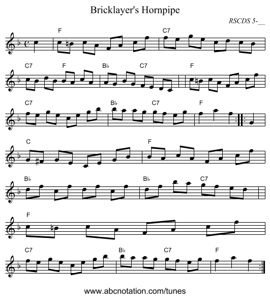 Bricklayer's Hornpipe - staff notation