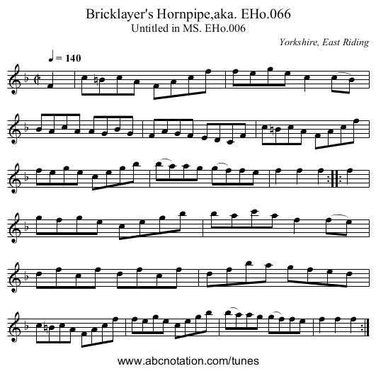 Bricklayer's Hornpipe,aka. EHo.066 - staff notation