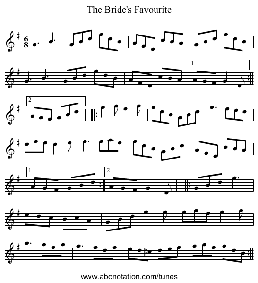 Bride's Favourite, The - staff notation