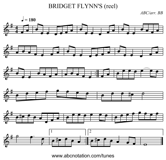 BRIDGET FLYNN'S (reel) - staff notation