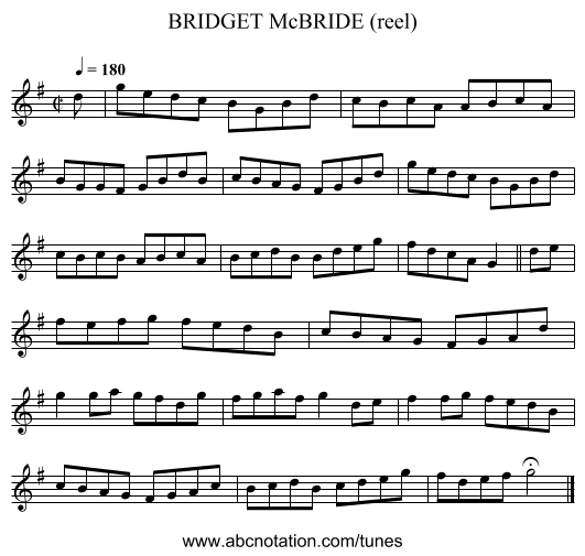 BRIDGET McBRIDE (reel) - staff notation