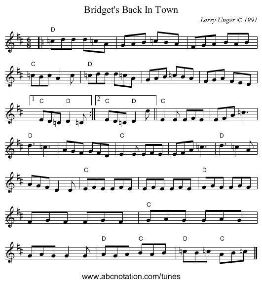 Bridget's Back In Town - staff notation