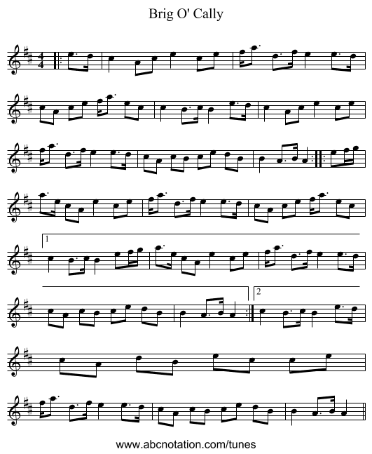 Brig O' Cally - staff notation