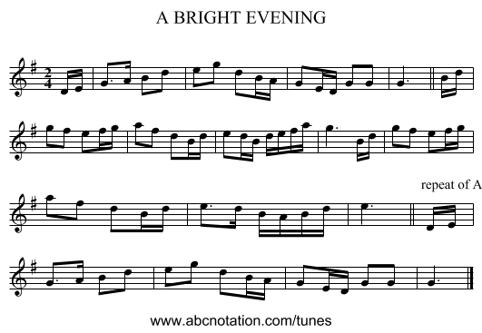 BRIGHT EVENING, A - staff notation
